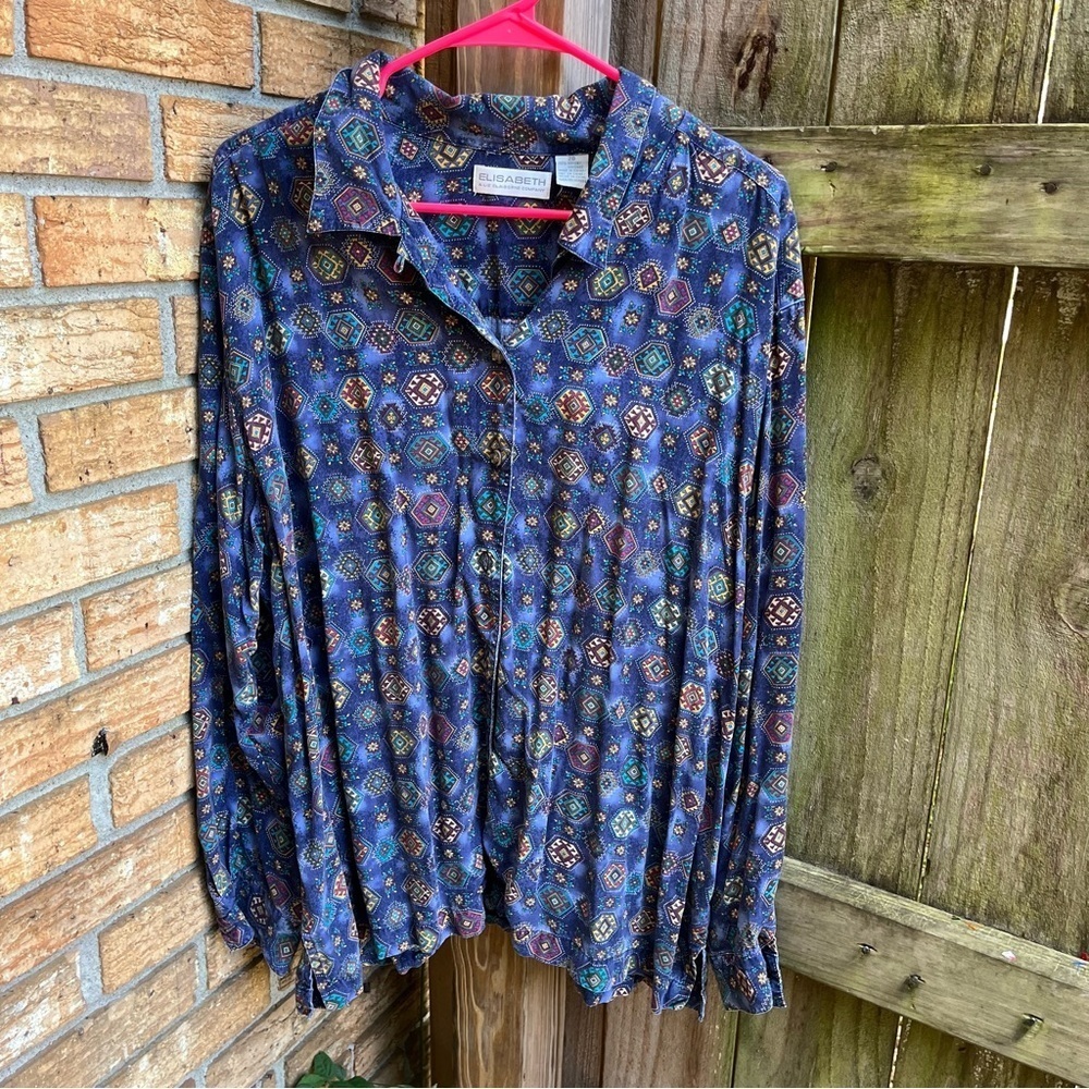 Vintage Liz Claiborne Geometric Print Blouse in Blue and Teal - Picture 1 of 3